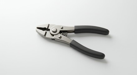 Obraz premium A pair of small, light gray pliers with dark gray handles, laid flat on a plain white surface