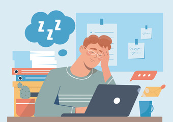A tired office worker dozing off at his desk with a laptop, folders, and coffee cup on a light blue background, concept of burnout and overwork. Vector illustration