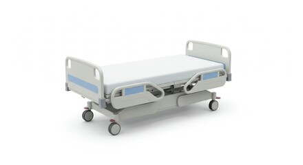 Modern hospital bed, light gray metal frame, white mattress