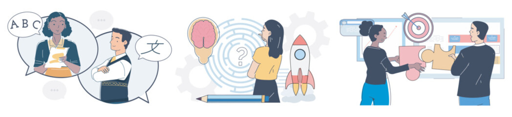 People engaged in language learning, brainstorming, and teamwork activities in a modern flat style on a white background. Concept of education and collaboration. Vector illustration