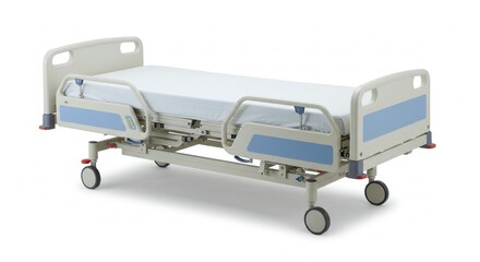 Hospital bed, light beige and blue,  on white background.  Adjustable, with  safety rails