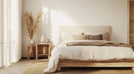 Modern bedroom, natural tones, minimalist style