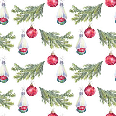 Watercolor seamless pattern with hand-drawn red shiny decoration ball and home and Christmas tree branch on white background. Toy for New Year party celebration. Art for wallpaper and wrapping