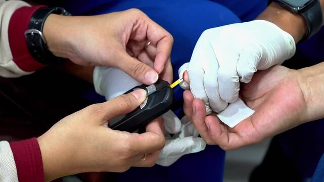 A medical professional checks a man's blood sugar level using a glucometer and test strip during a public health screening with diagnostic tools on the table