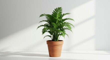 Fototapeta premium A terra-cotta pot plant, vibrant green leaves, bright sunlight