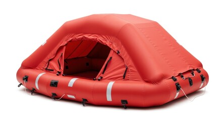 Inflatable red life raft, safety equipment