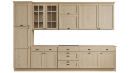 Light beige kitchen cabinets, featuring various storage options, including tall and low units, glass-front display cabinets, and drawers