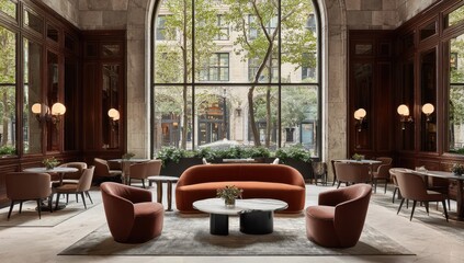Modern lobby with rich tones and city views