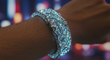 Fototapeta premium Futuristic Glowing Bracelet on a Wrist Against a City Lights Background