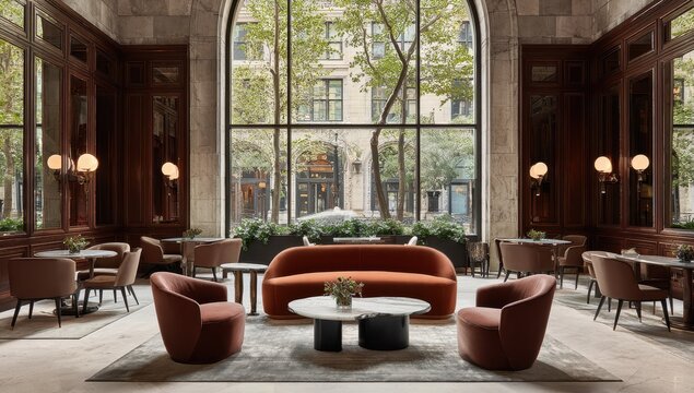 Modern lobby with rich tones and city views