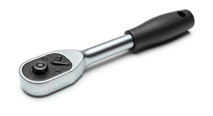A  metal ratchet wrench,  black handle,  isolated