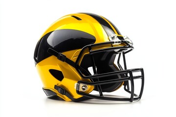 Yellow and black football helmet with facemask, isolated on white background.