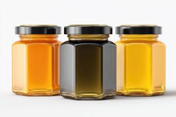 Three hexagon-shaped glass jars, filled with honey, in varying colors