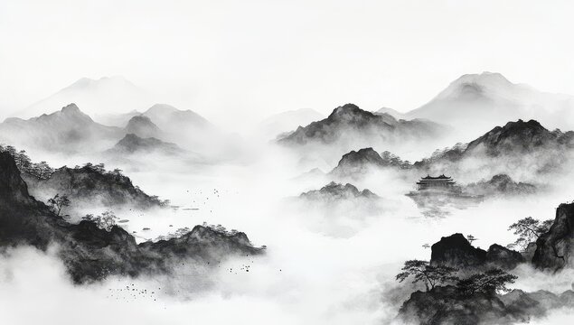 Monochromatic ink wash painting of misty mountains and trees.