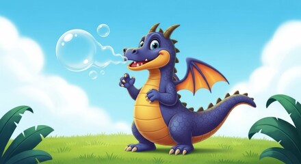 Fototapeta premium Cute cartoon dragon blowing soap bubbles on a sunny day outdoors