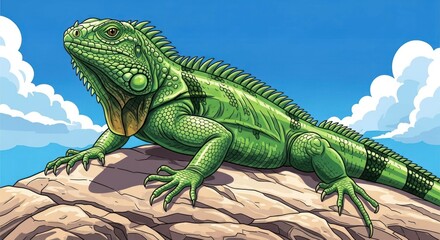 Obraz premium Lizard rests on rock against a bright blue sky illustration