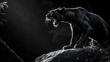 Black panther roaring on rock big cat wild animal