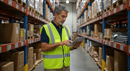 Middle-aged man in a warehouse, using a tablet