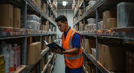Warehouse worker reviews inventory