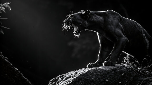 Black panther roaring on rock big cat wild animal
