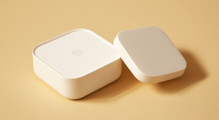 Two white square boxes, one atop the other, on a beige surface