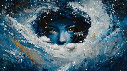 Woman's face in swirling blue waves, holding camera