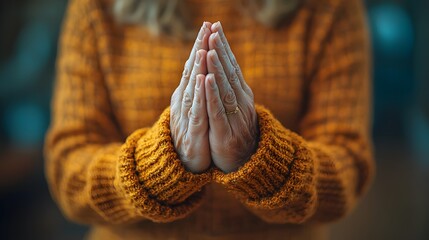 Woman's hands clasped in prayer, close-up