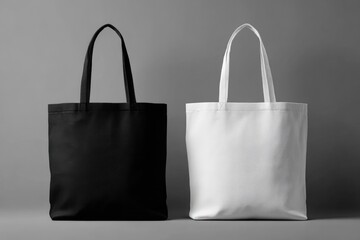 Two blank tote bags, black and white, on a gray surface