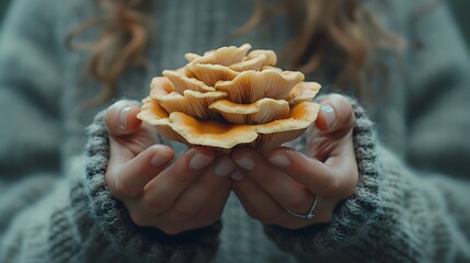 Woman's hands gently cradling unique mushroom outdoors