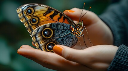 Woman's hands gently holding a large butterfly