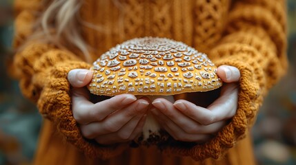 Woman's hands gently holding a large mushroom