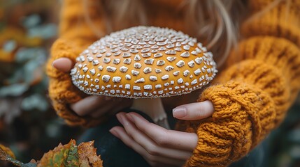 Woman's hands holding mushroom, autumn forest