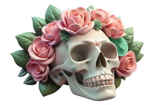 Skull with roses isolated on transparent background. use for day of the dead, halloween, and gothic themes. - Powered by Adobe