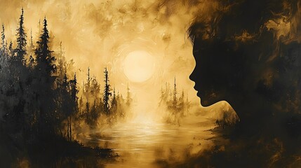 Woman's profile silhouetted against sunlit forest lake