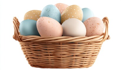 Pastel-colored eggs in a woven basket