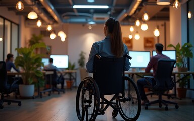 Businesswoman in a wheelchair working in a creative office. Business team in modern coworking office space. Colleagues working in the background at late night. High quality