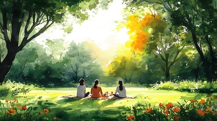 Women enjoy a sunny picnic in a lush forest