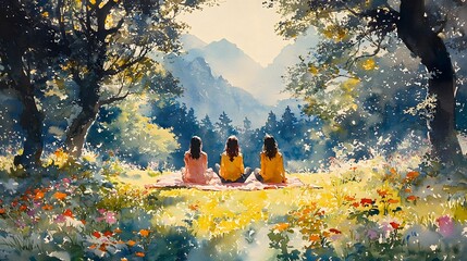 Women picnic mountain view summer meadow