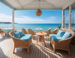 Fototapeta premium Sunlit beachside cafe with oceanfront seating and clear skies