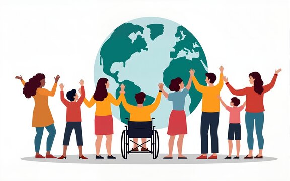 Unified Voices: Illustration of a diverse group of people with various disabilities holding hands in unity, standing beneath a globe. International Day of Persons with Disabilities. Stand Together