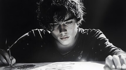 Young artist intensely drawing at a desk in dark room