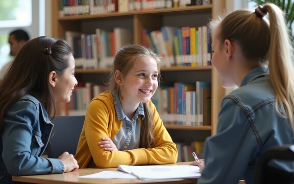 Young student girl with disability cooperating on class project in library with college friends, using wheelchair, sitting at table, talking, chatting with classmates, laughing. High quality
