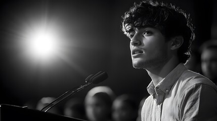 Young man giving speech, stage light, audience