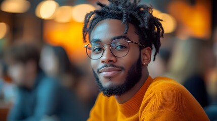 Young man smiling, cafe setting, bokeh background