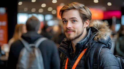 Young man smiling at conference, blurred background