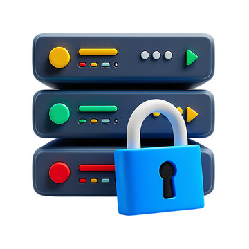 Cybersecurity concept with a secure server rack and a blue padlock, symbolizing data protection, privacy, and network safety.