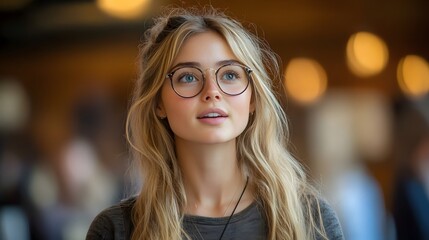 Young woman, pensive gaze, indoor setting, bokeh background