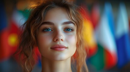 Young woman portrait, international flags background
