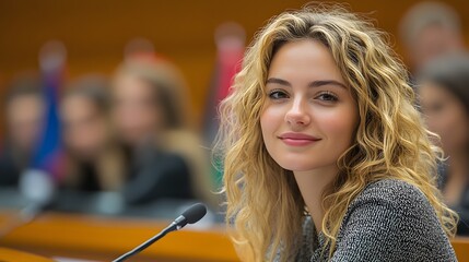 Young woman smiling, indoor event, blurred background