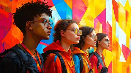 Youthful group, vibrant wall, city backdrop, profile view